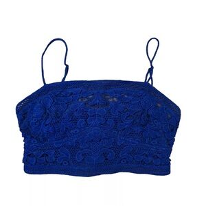Free People Bralette Womens Small Blue Embroidered Lace Floral Smocked